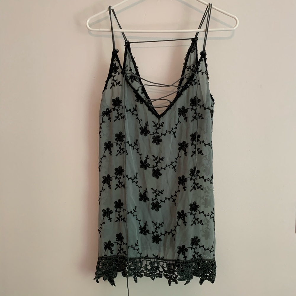 Boho Dusty blue/grey floral embroidered tank